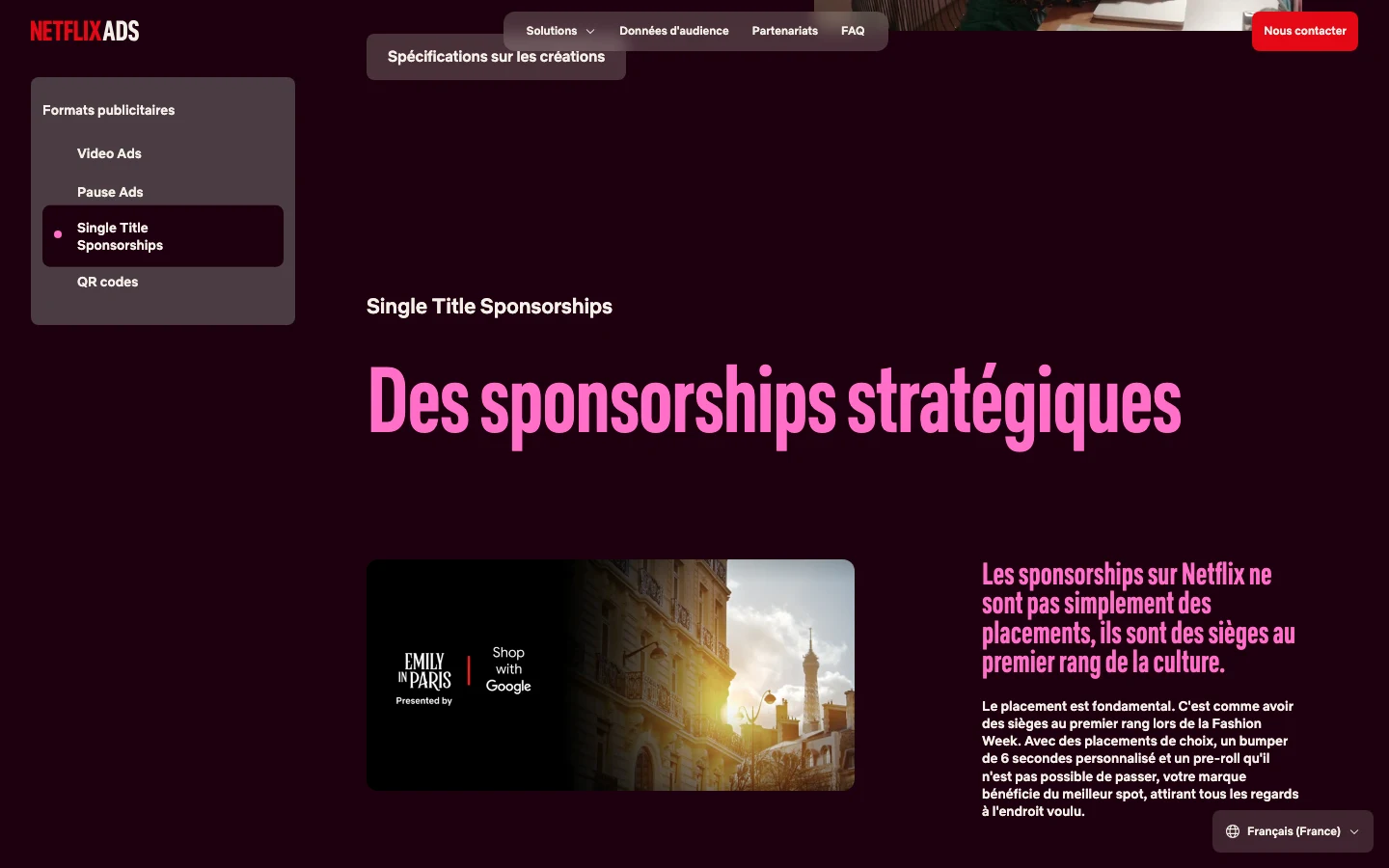 Exemple réel de Single Title Sponsorship sur Netflix : Emily in Paris présenté par Shop with Google, sur le site officiel de la régie