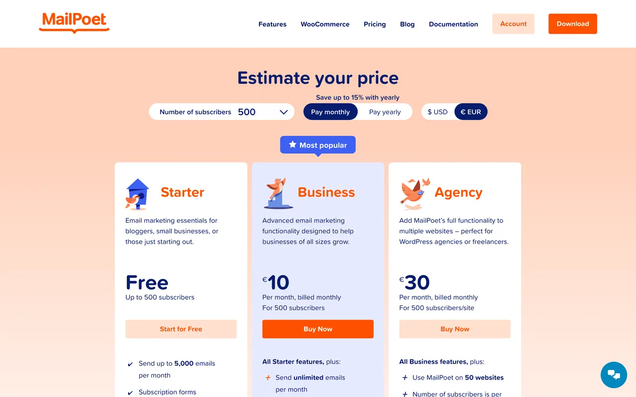 Tarifas de MailPoet: plan gratuito hasta 500 suscriptores (julio de 2026)