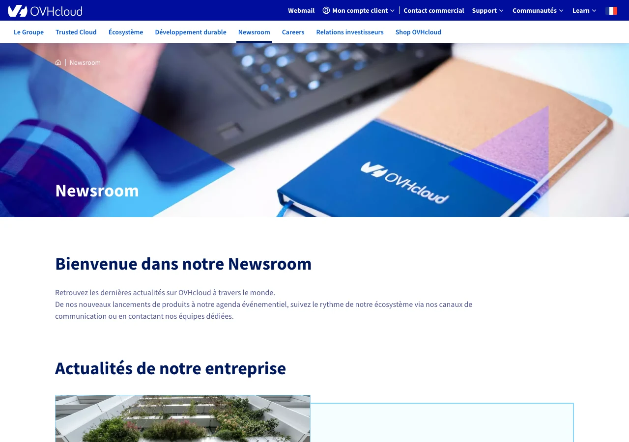 Capture de la newsroom corporate d'OVHcloud en juillet 2026 : actualités entreprise, relations investisseurs et contacts organisés par publics, l'exemple d'un espace presse structuré pour une entreprise cotée