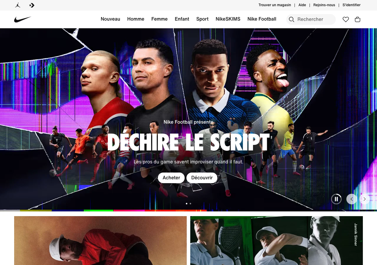 Capture du site Nike en juillet 2026 : les CTA Acheter et Découvrir affichés dans le premier tiers de l'écran et le moteur de recherche visible en haut, exemple type du design e-commerce mobile-first