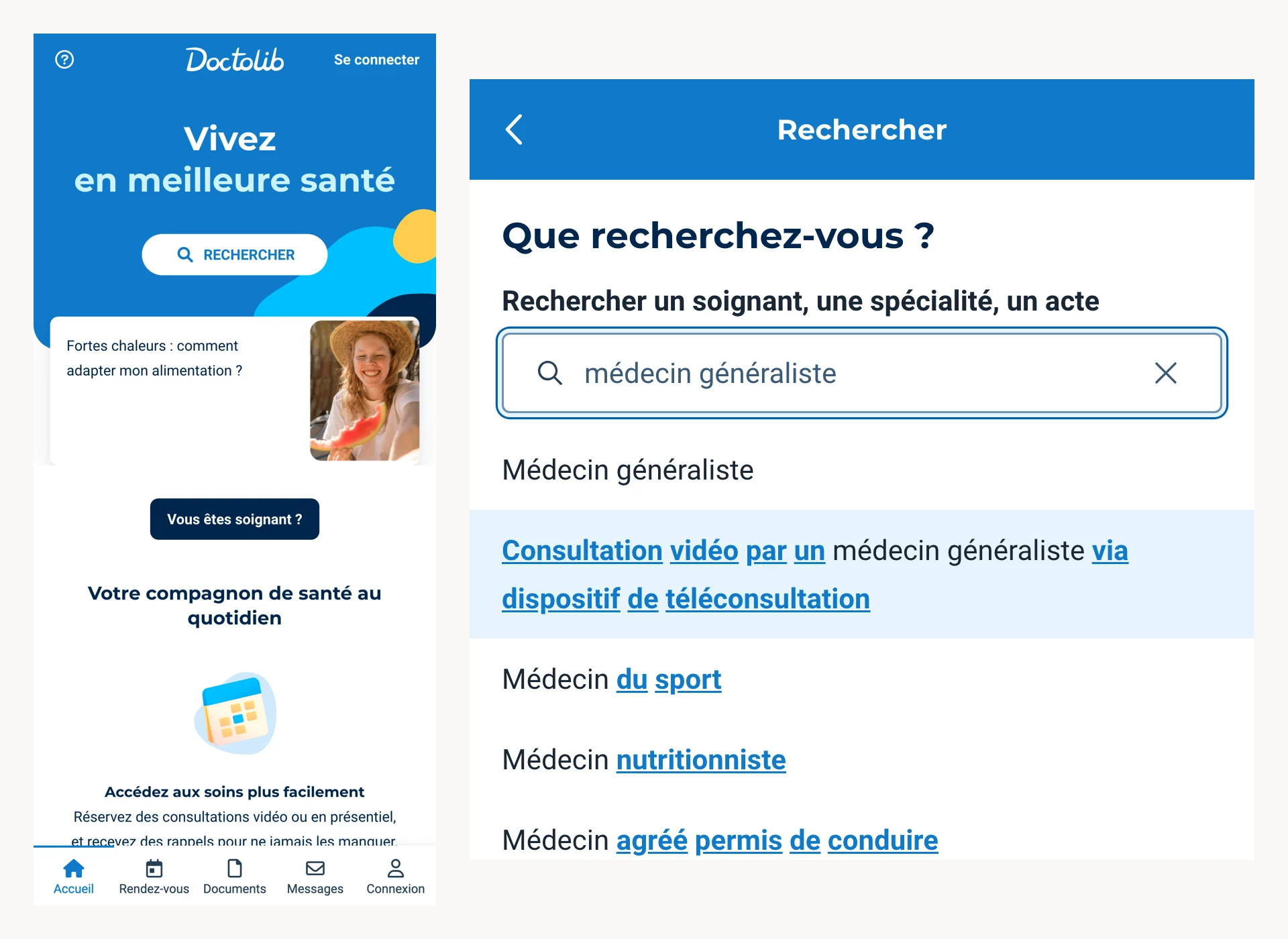 Deux écrans du parcours mobile de Doctolib : la page d'accueil avec un seul bouton Rechercher, puis la recherche d'un médecin généraliste accessible sans compte