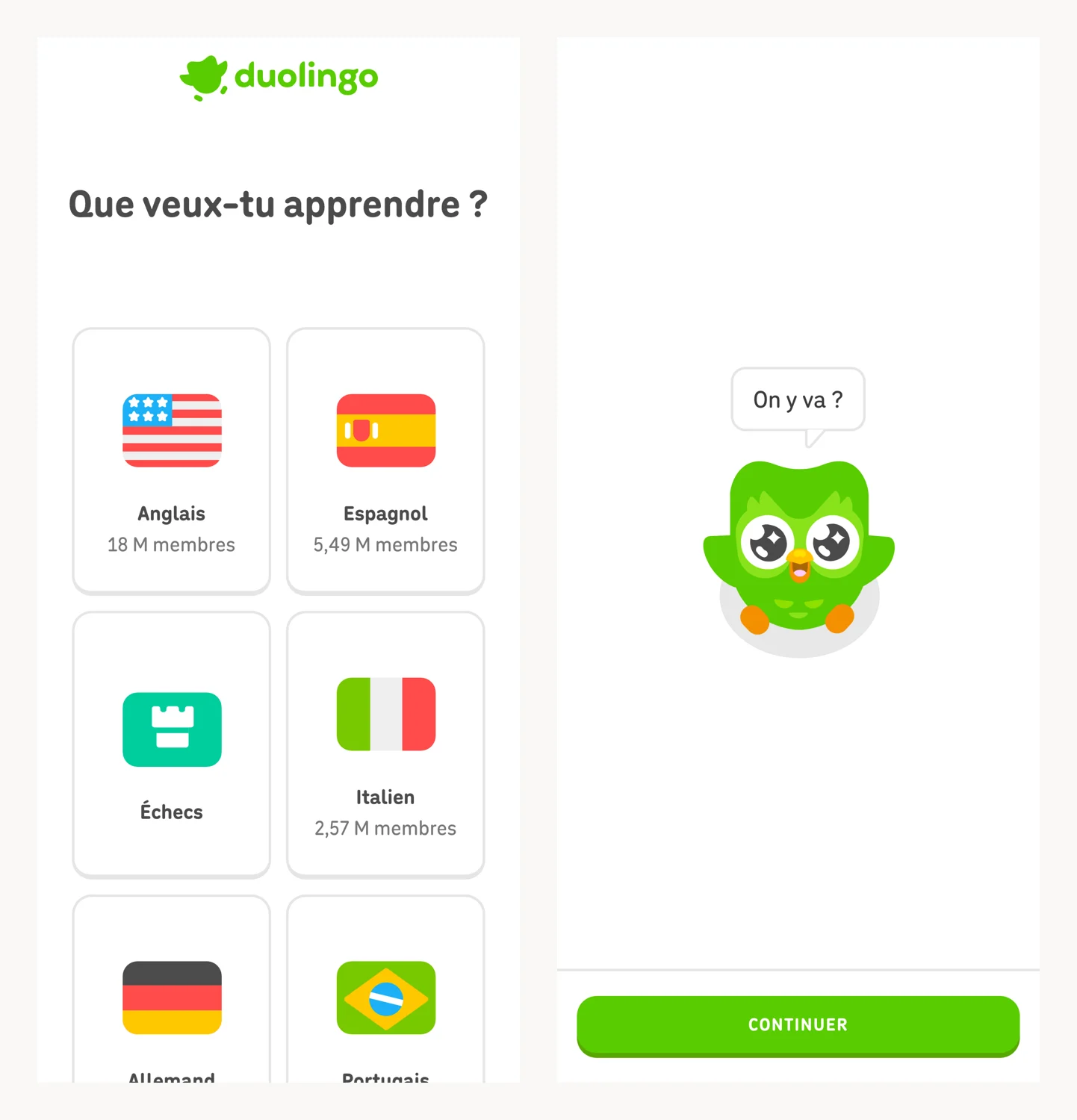 Deux écrans du parcours d'accueil mobile de Duolingo : la question Que veux-tu apprendre ? puis la mise en route guidée, sans création de compte