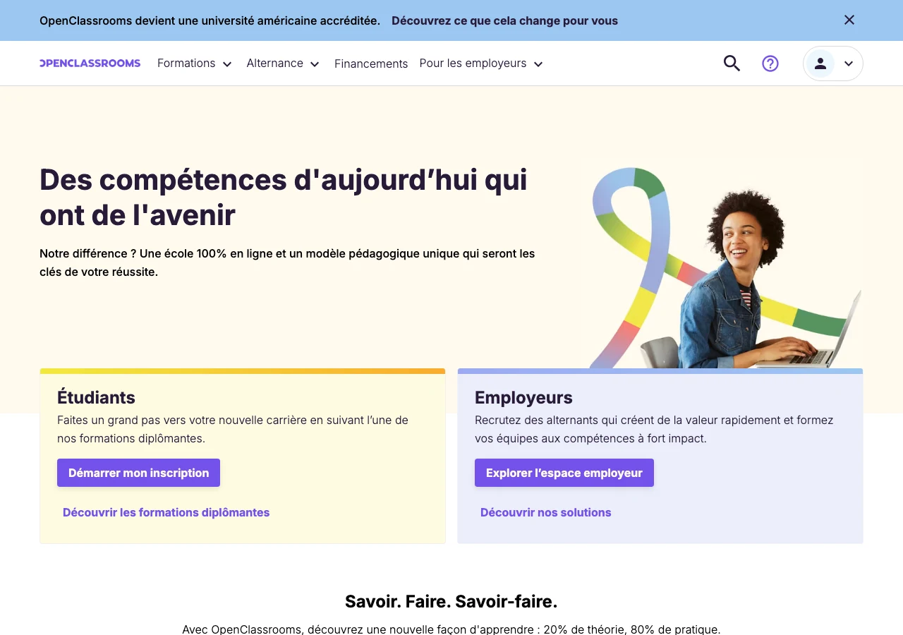 Capture d'OpenClassrooms en juillet 2026, l'école 100 % en ligne (devenue université américaine accréditée) : formations diplômantes et parcours gestion de projet à suivre à son rythme