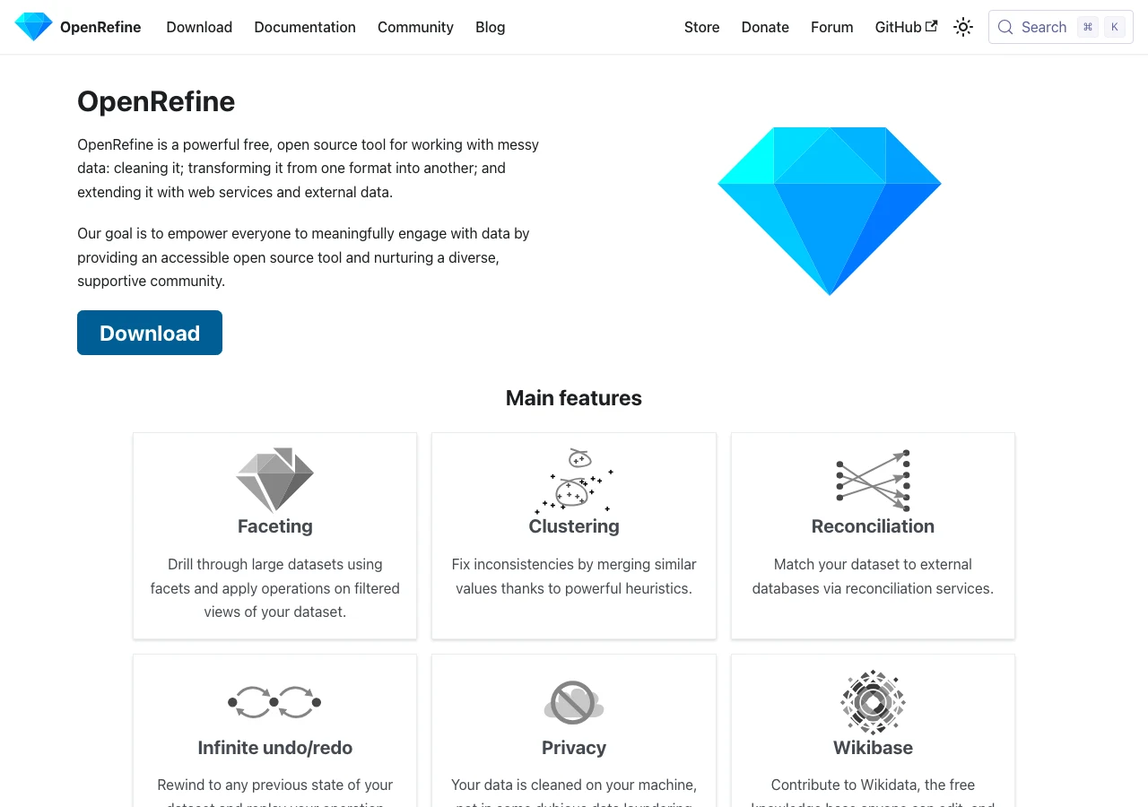 Capture du site d'OpenRefine en juillet 2026, l'outil open source de référence pour nettoyer des données désordonnées : facettes, clustering pour fusionner les valeurs similaires, réconciliation avec des bases externes, l'outillage type du data cleaning