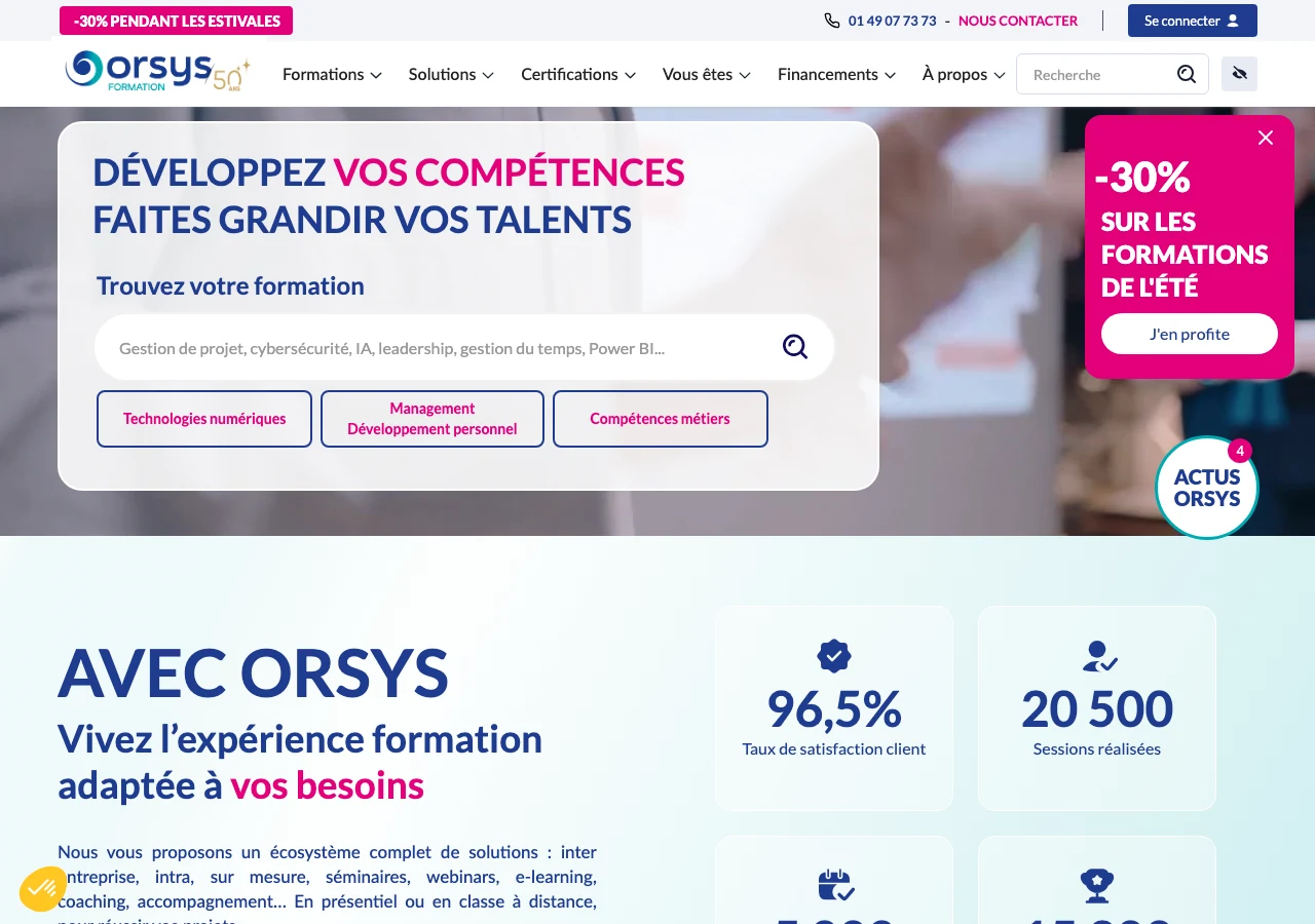 Capture du site d'Orsys en juillet 2026 : l'organisme de formation IT et management (96,5 % de taux de satisfaction affiché, plus de 20 000 sessions), avec ses cursus gestion de projet et certifications métiers