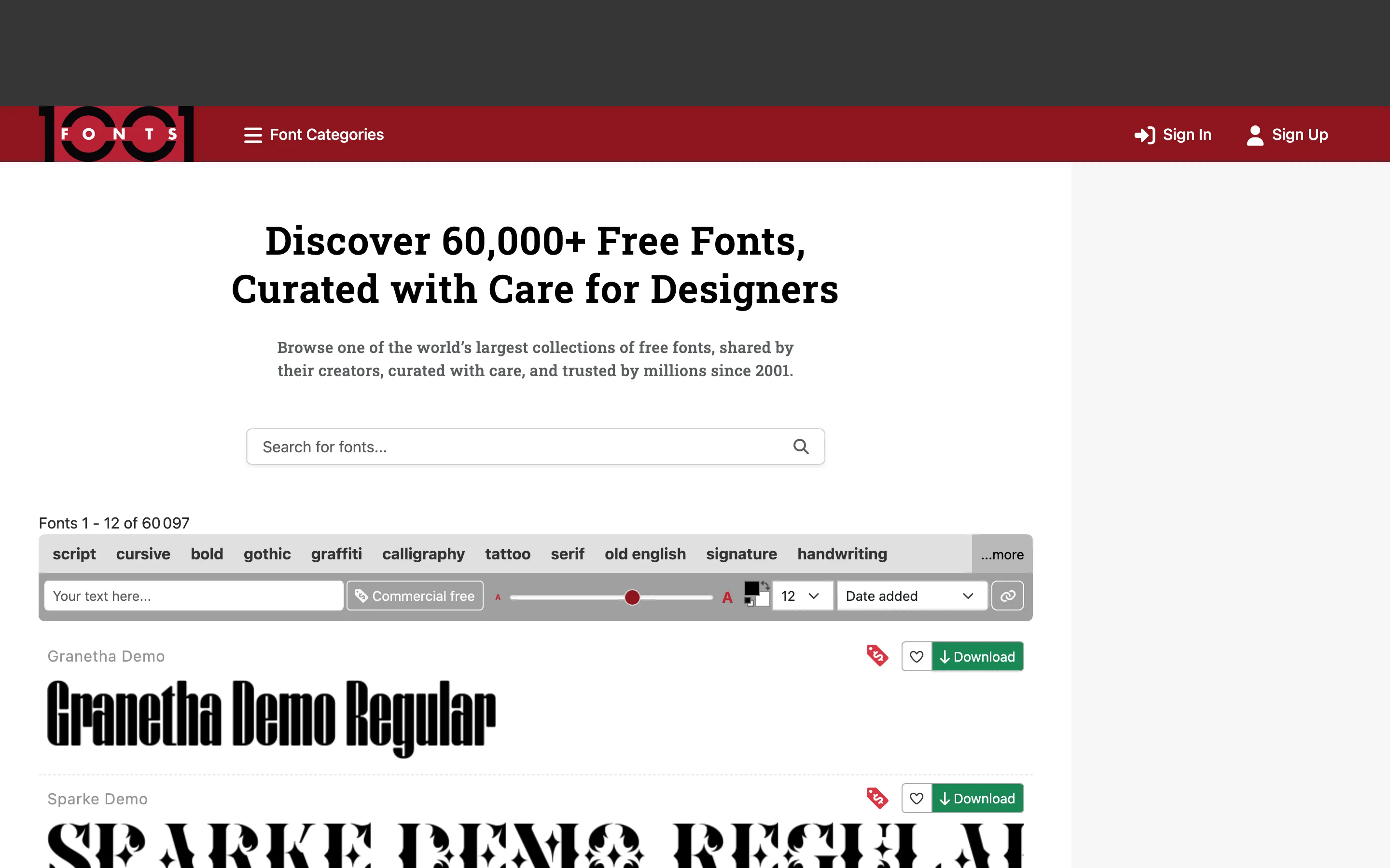 1001 Fonts et ses etiquettes de couleur indiquant la licence de chaque police