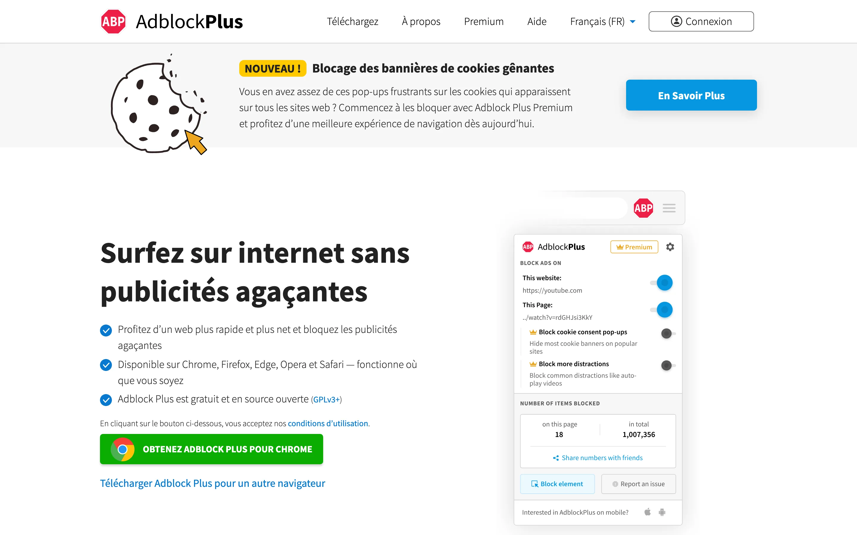 Page d'accueil d'AdBlock Plus en français, extension open source éditée par Eyeo