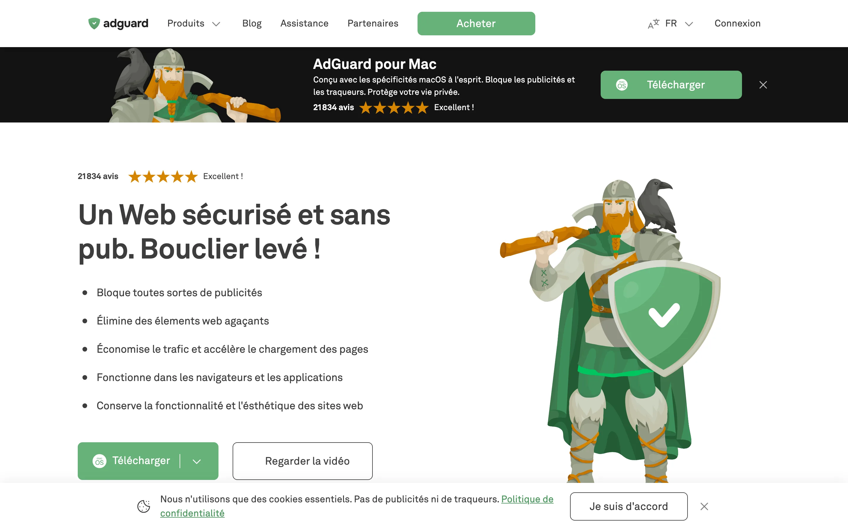 Page d'accueil d'AdGuard présentant le blocage de publicités et de traqueurs et le téléchargement de l'application