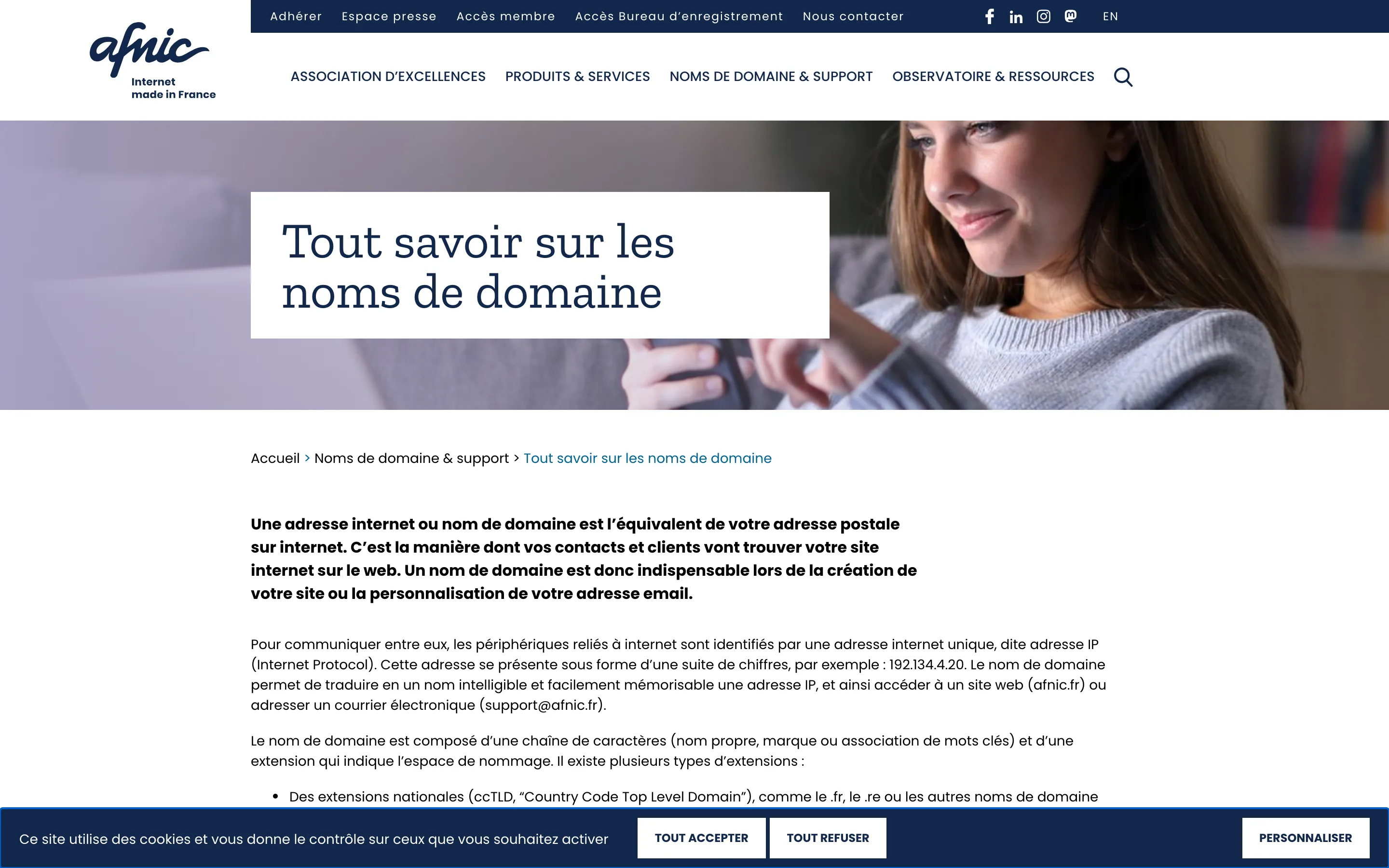 Page « Tout savoir sur les noms de domaine » de l’Afnic, registre du .fr, capture du 6 juillet 2026.
