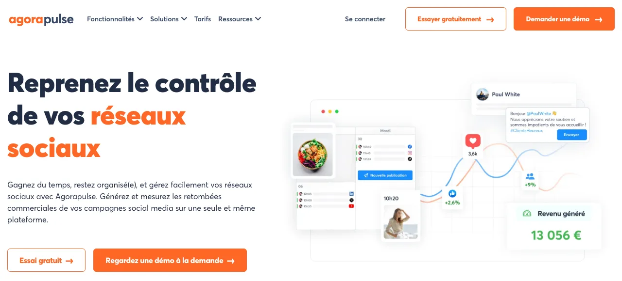Page d'accueil d'Agorapulse, outil français de gestion des réseaux sociaux