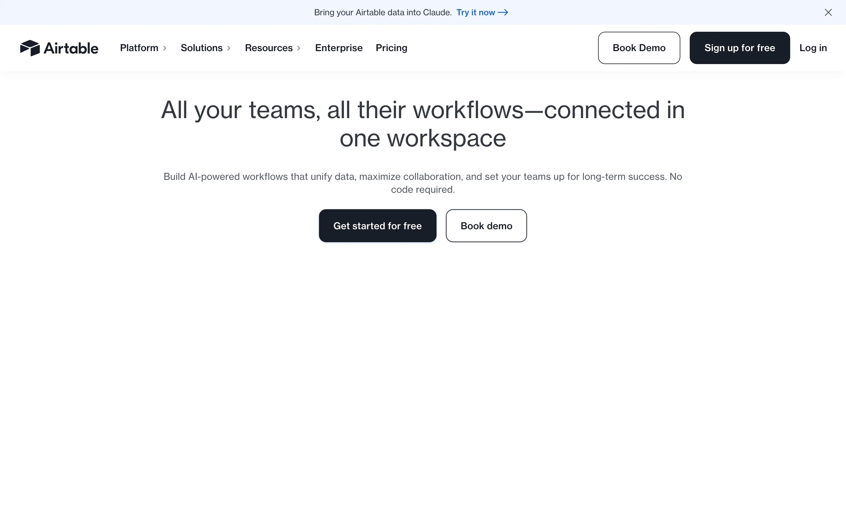 Page d'accueil d'Airtable, base de données no-code collaborative.