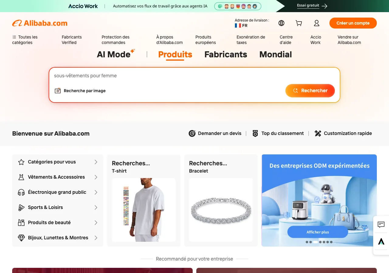 Page d'accueil d'Alibaba.com : recherche par produit ou par image, catégories et fabricants vérifiés
