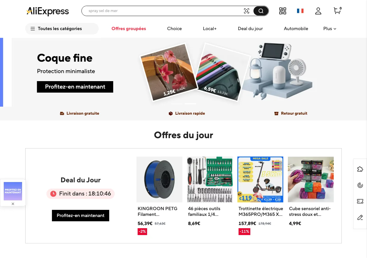 Page d'accueil d'AliExpress : offres du jour et promotions destinées aux acheteurs particuliers