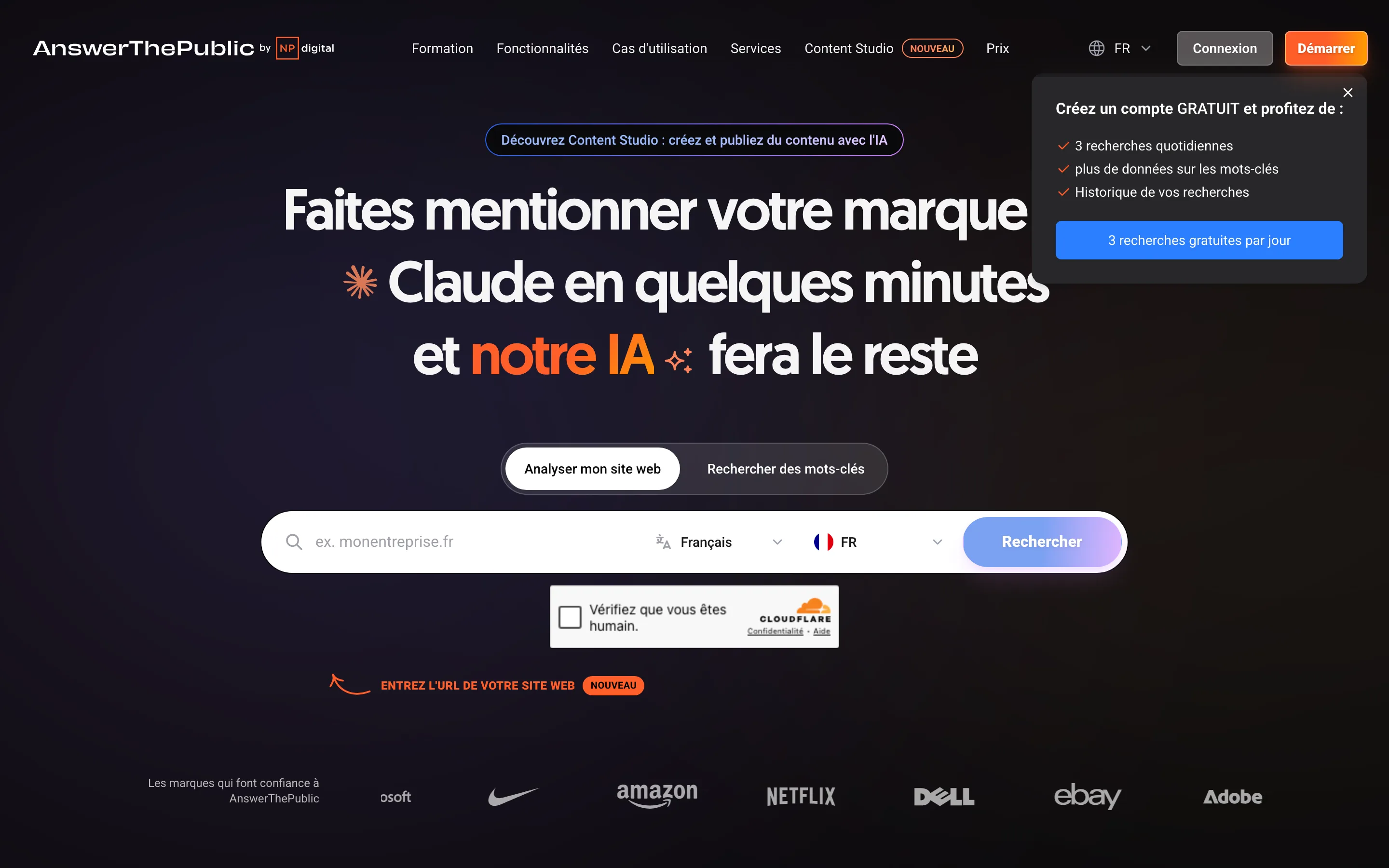 Page d'accueil de l'outil AnswerThePublic pour explorer les questions associées à un mot-clé, capture du 7 juillet 2026