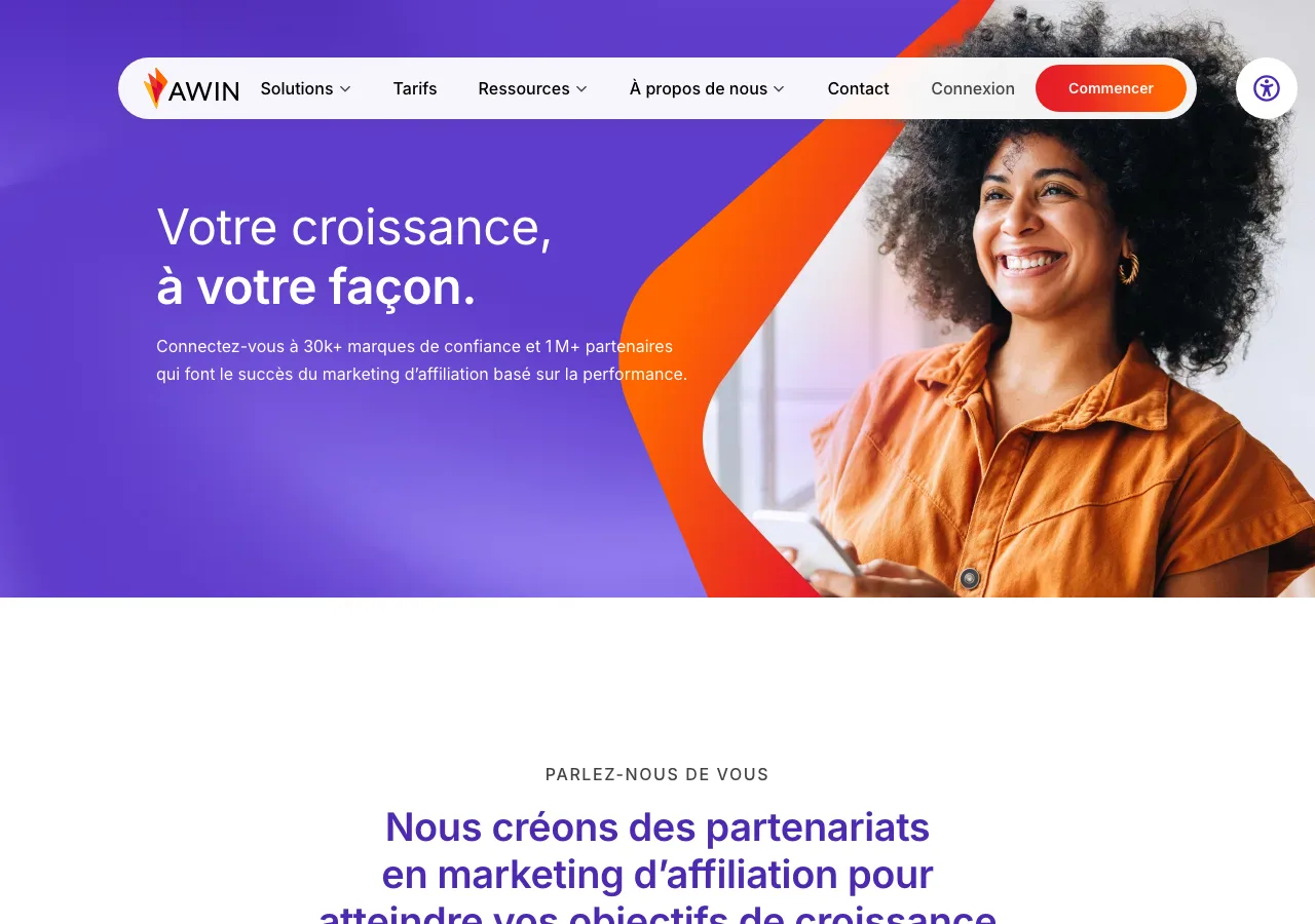 Page d'accueil d'Awin, l'une des principales plateformes d'affiliation actives en France