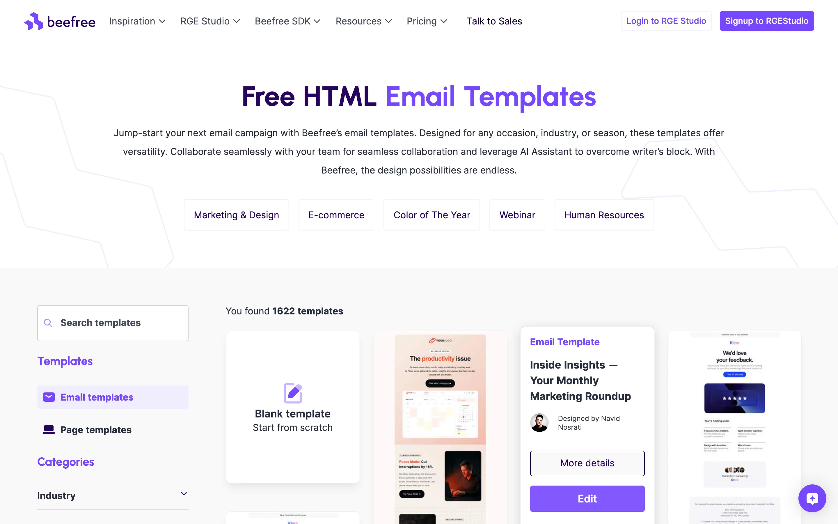Bibliotheque BeeFree de modeles d'emails gratuits avec editeur glisser-deposer