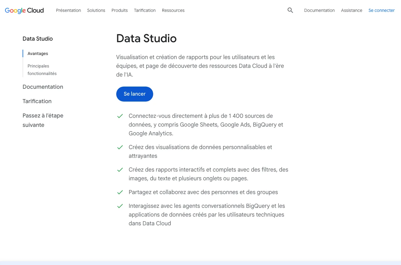 Page Looker Studio de Google Cloud, outil gratuit de tableaux de bord
