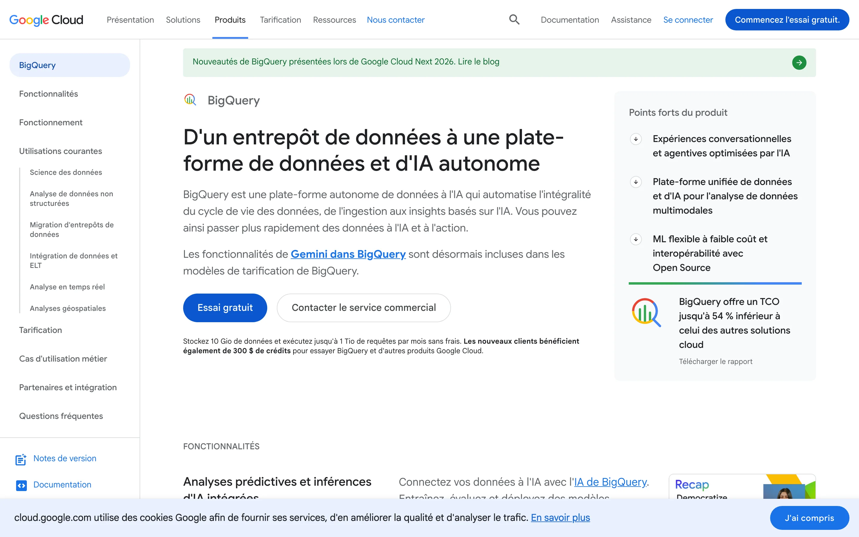 Page de présentation de Google BigQuery, entrepôt de données cloud pour l'analyse à grande échelle
