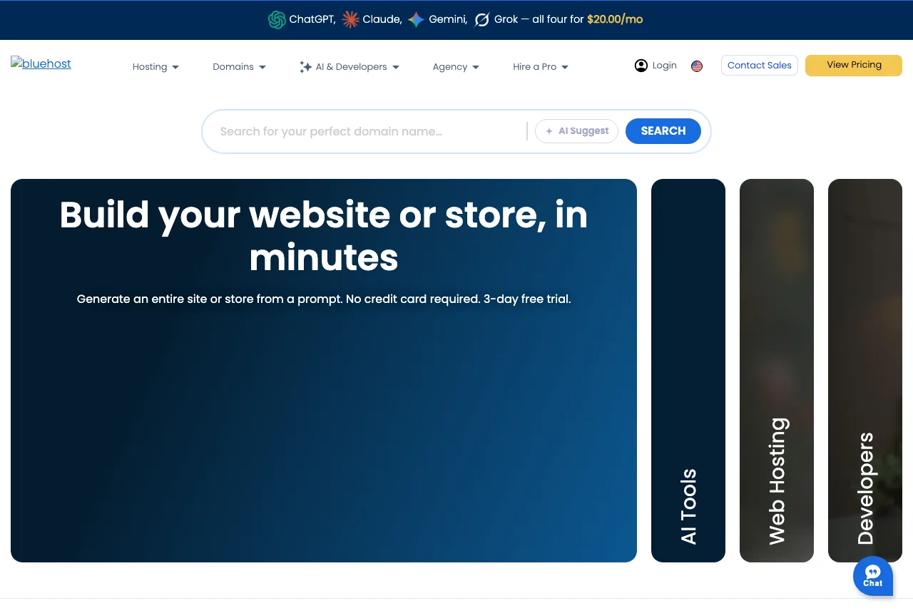 Page d'accueil de Bluehost, hébergeur spécialisé dans l'hébergement partagé et WordPress