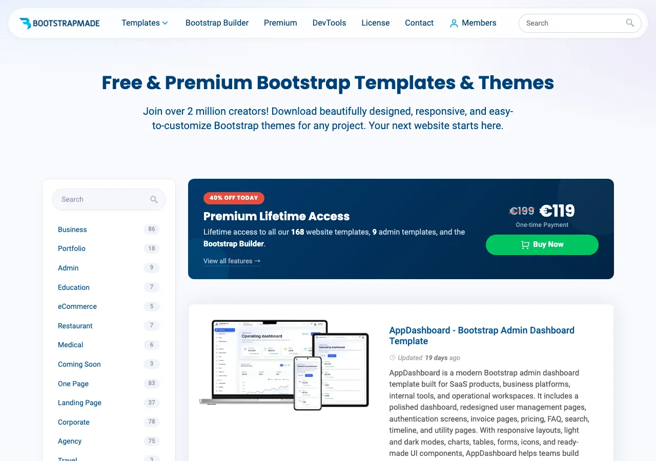 Page d'accueil de BootstrapMade, plateforme de templates Bootstrap gratuits et premium revendiquant plus de 2 millions d'utilisateurs