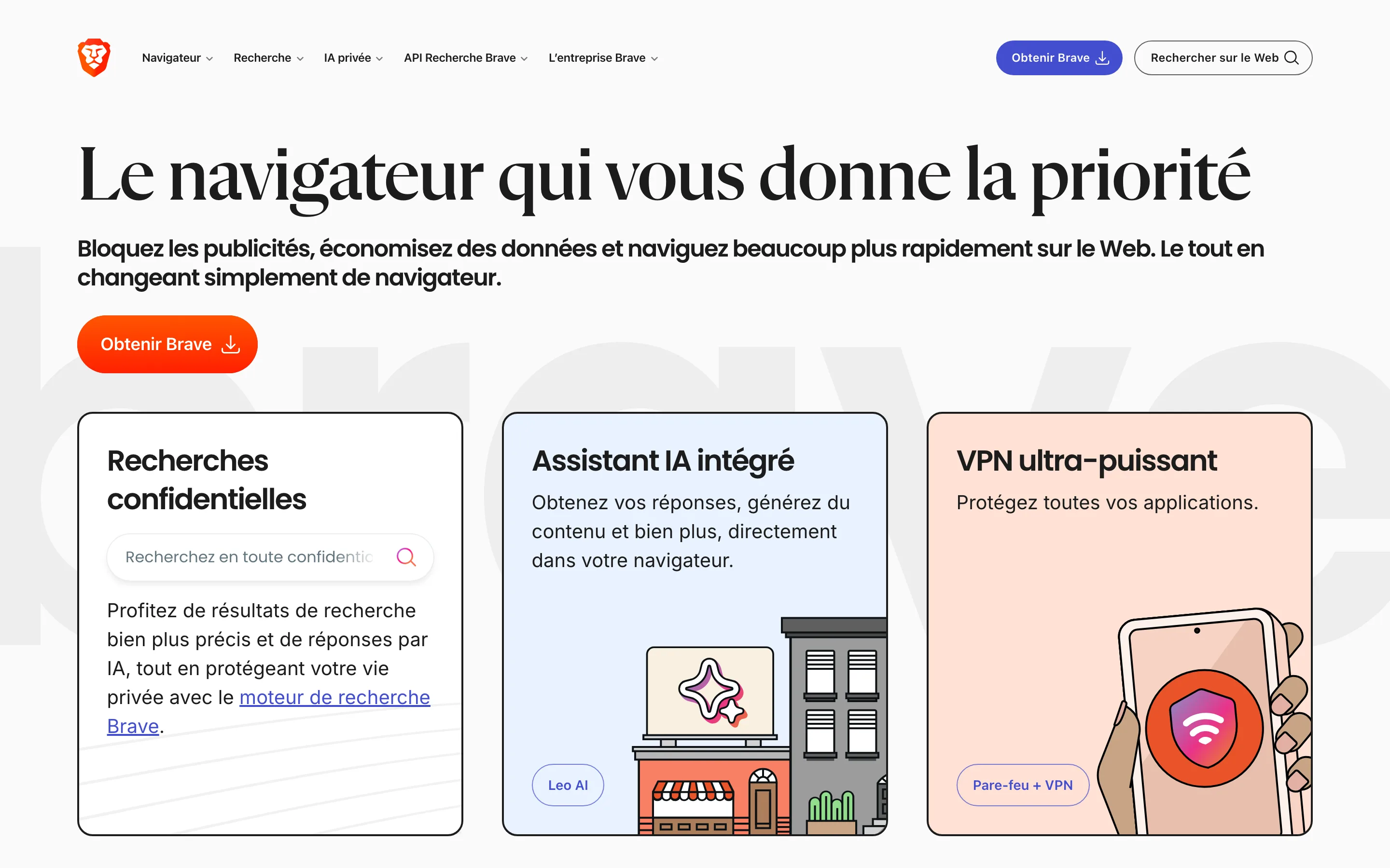 Page d'accueil du navigateur Brave en français, avec blocage des publicités intégré