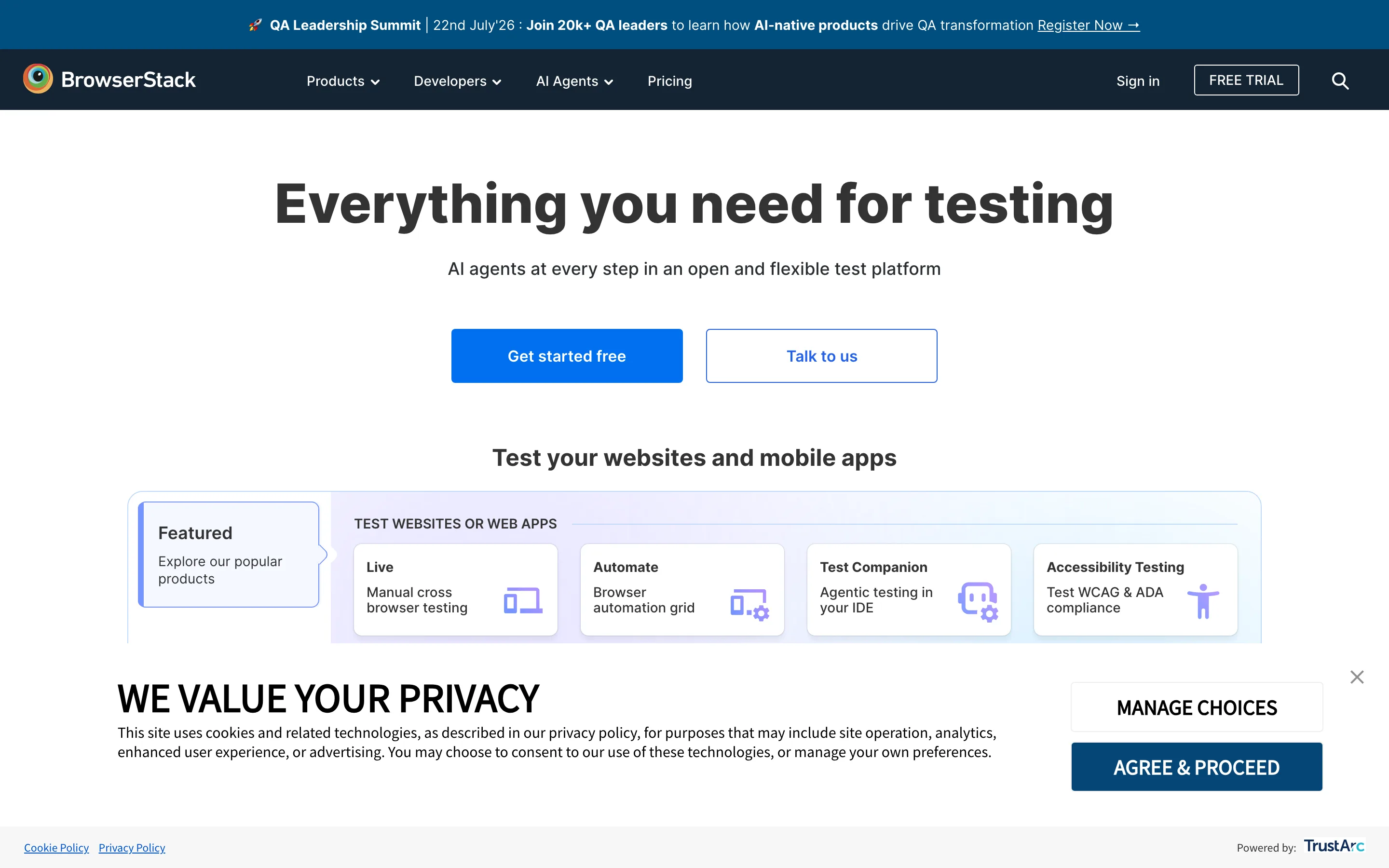 Page d’accueil de BrowserStack, plateforme de test d’applications sur de multiples appareils, capture du 6 juillet 2026.