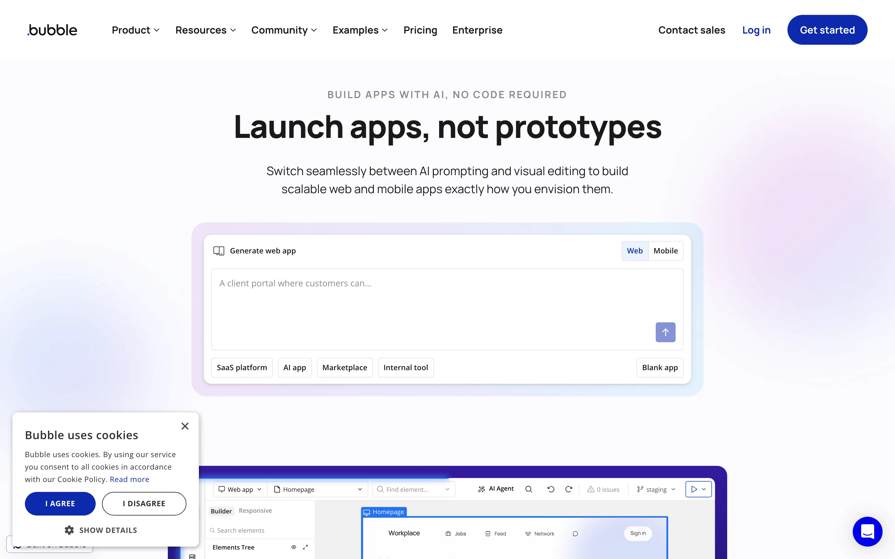 Page d'accueil de Bubble, plateforme no-code de création d'applications web et mobiles.