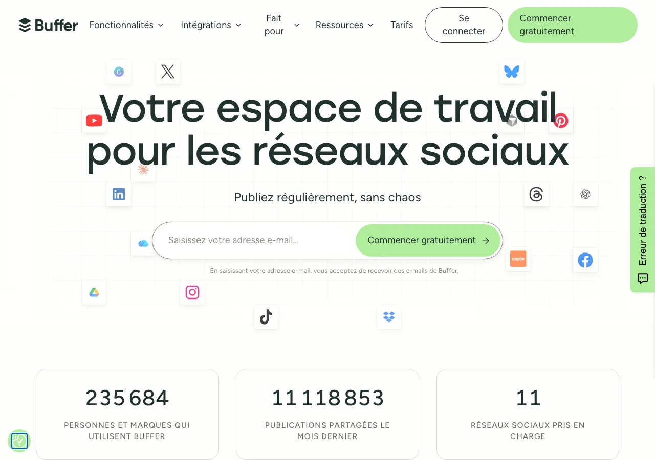 Page d'accueil de Buffer, outil de planification des réseaux sociaux