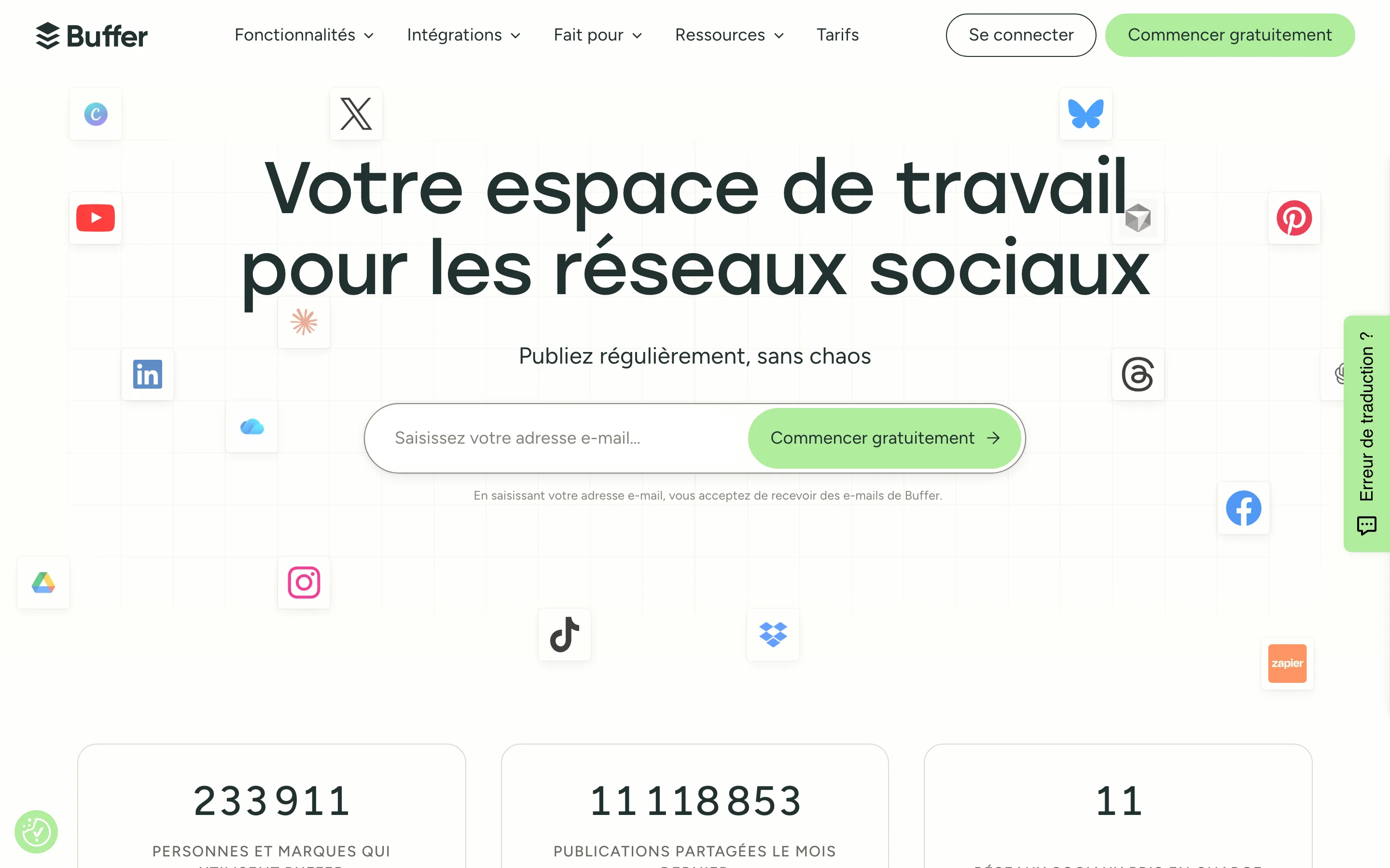 Page d'accueil de Buffer, espace de travail pour publier sur les réseaux sociaux