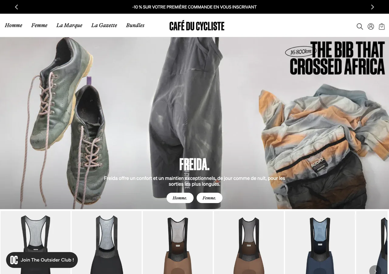 Page d'accueil de la boutique en ligne Café du Cycliste : mise en scène éditoriale des tenues techniques de cyclisme
