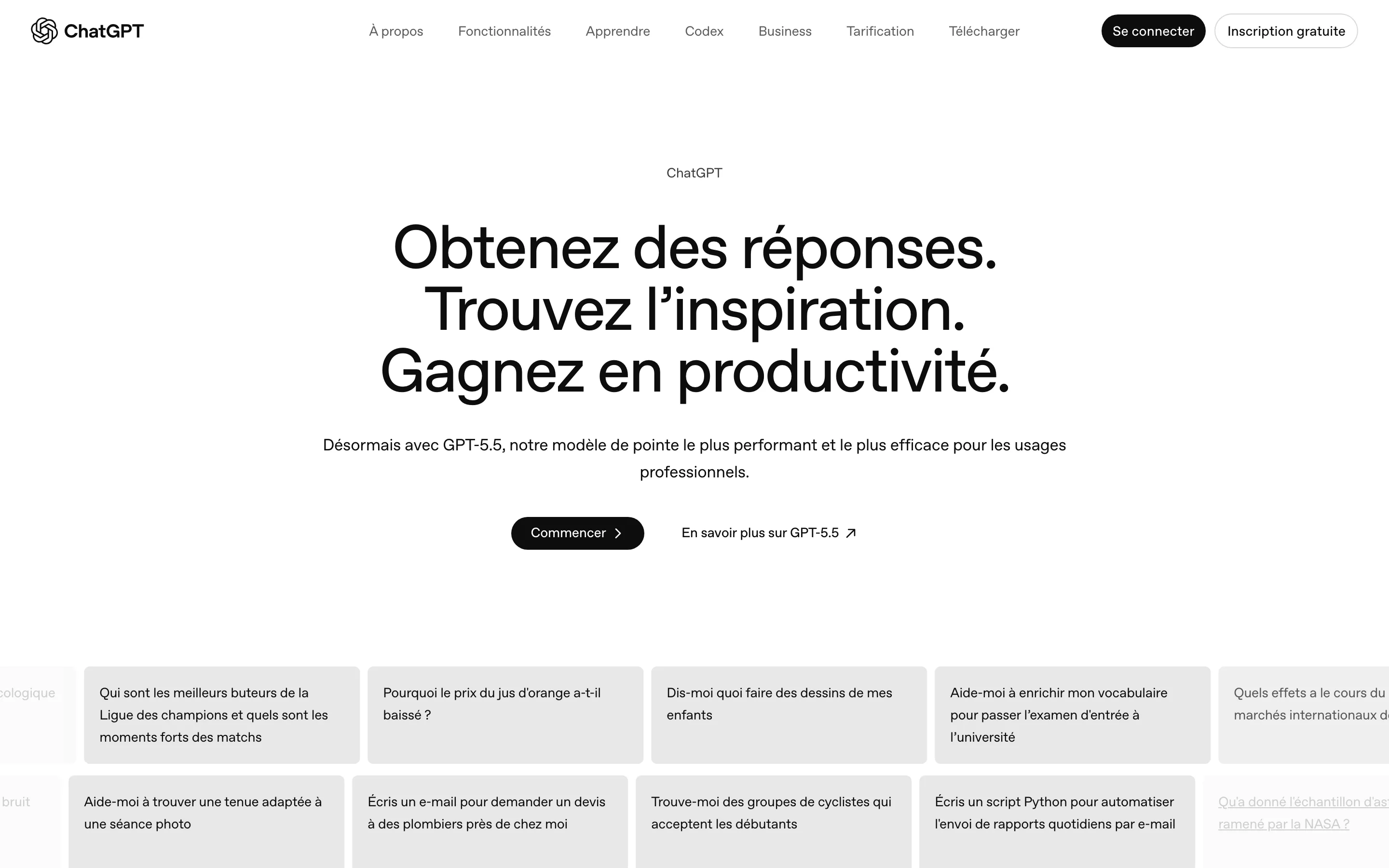Page produit de ChatGPT d'OpenAI mettant en avant le modèle GPT-5.5, relevée en juillet 2026