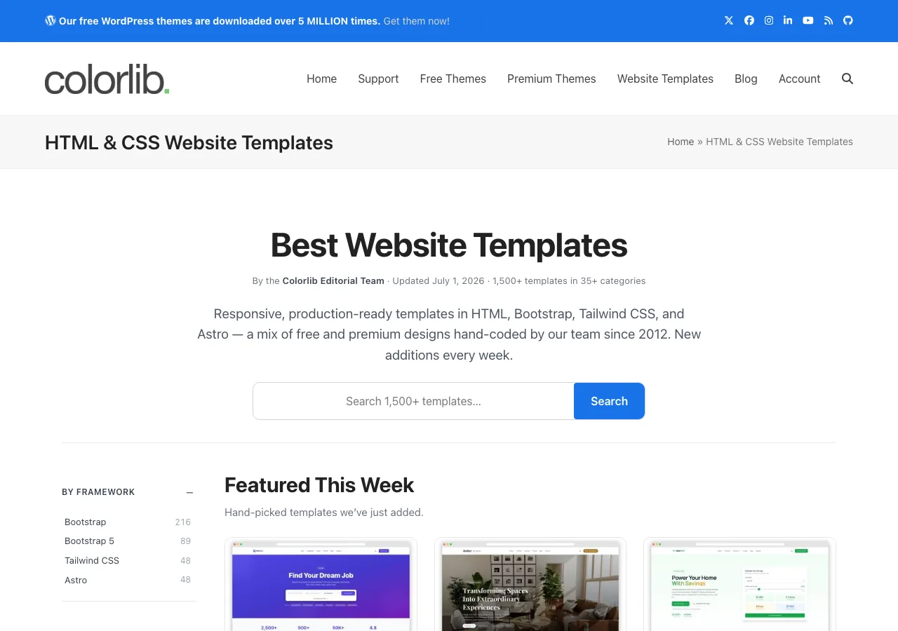 Catalogue de templates de sites web de Colorlib, plus de 1500 templates HTML, Bootstrap et Tailwind CSS
