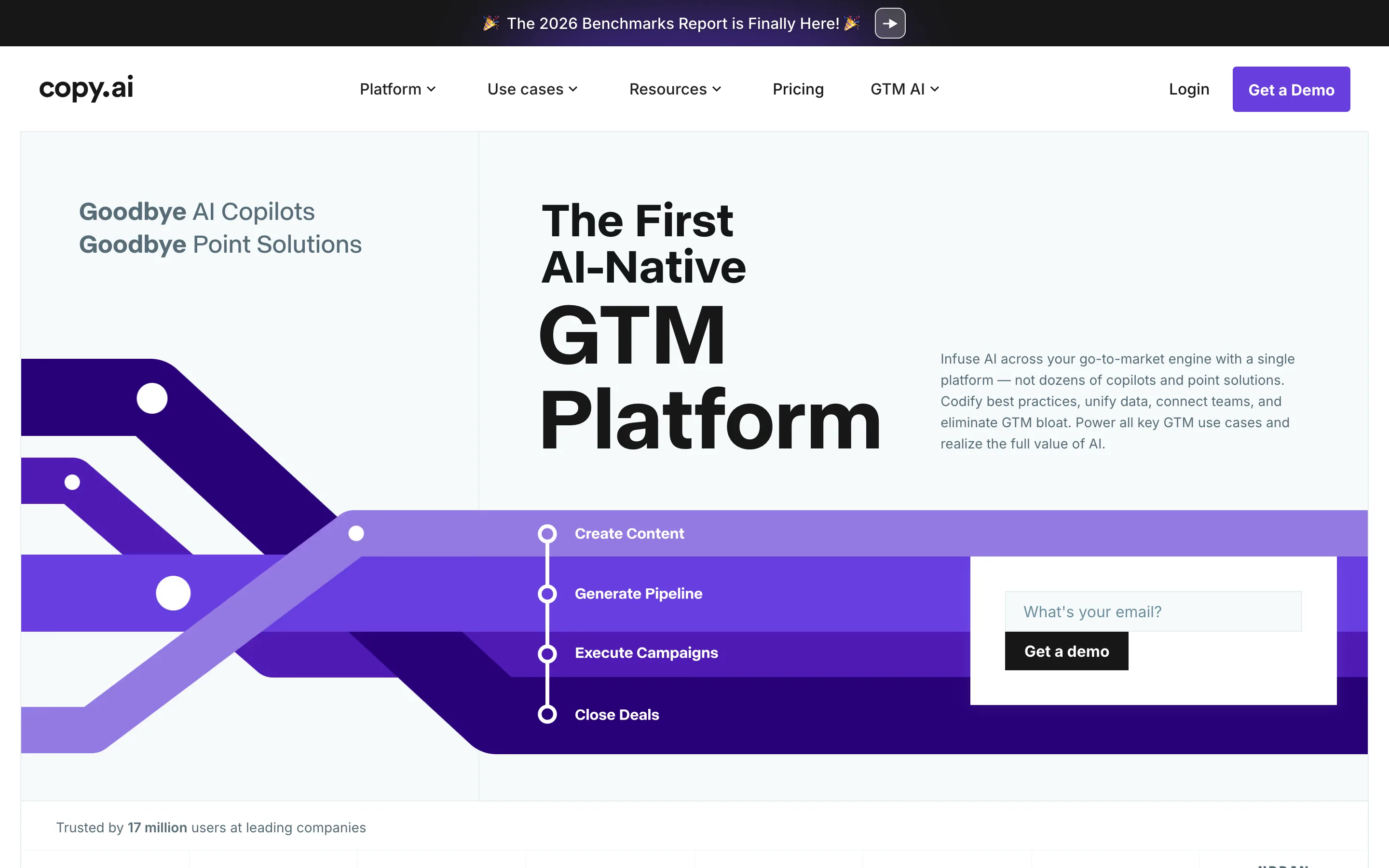 Page d'accueil de Copy.ai positionnée comme plateforme GTM native IA, relevée en juillet 2026