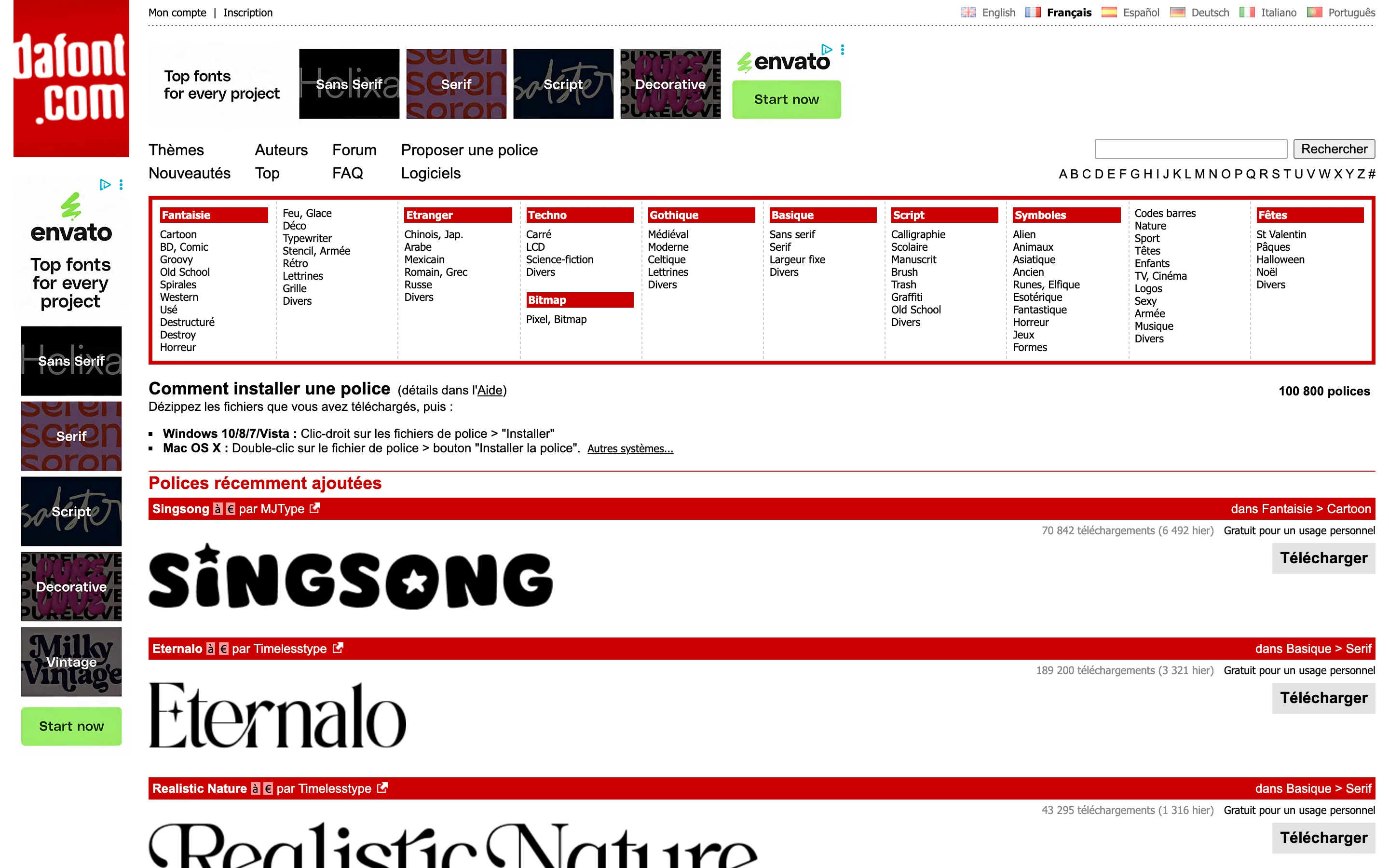 Catalogue de polices de DaFont avec ses categories et mentions de licence