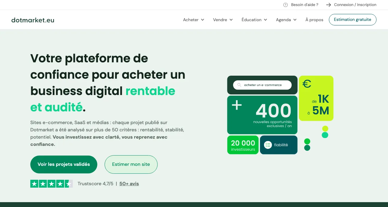 Page d'accueil de DotMarket, plateforme francophone d'achat et de vente de sites internet et business digitaux