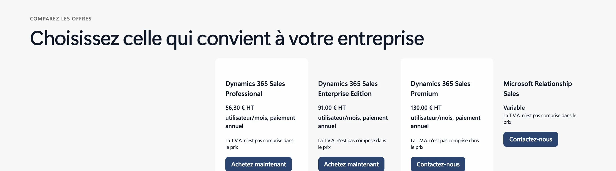 Tarifs Microsoft Dynamics 365 Sales relevés en juillet 2026 : Professional 56,30 euros, Enterprise 91 euros, Premium 130 euros par utilisateur et par mois