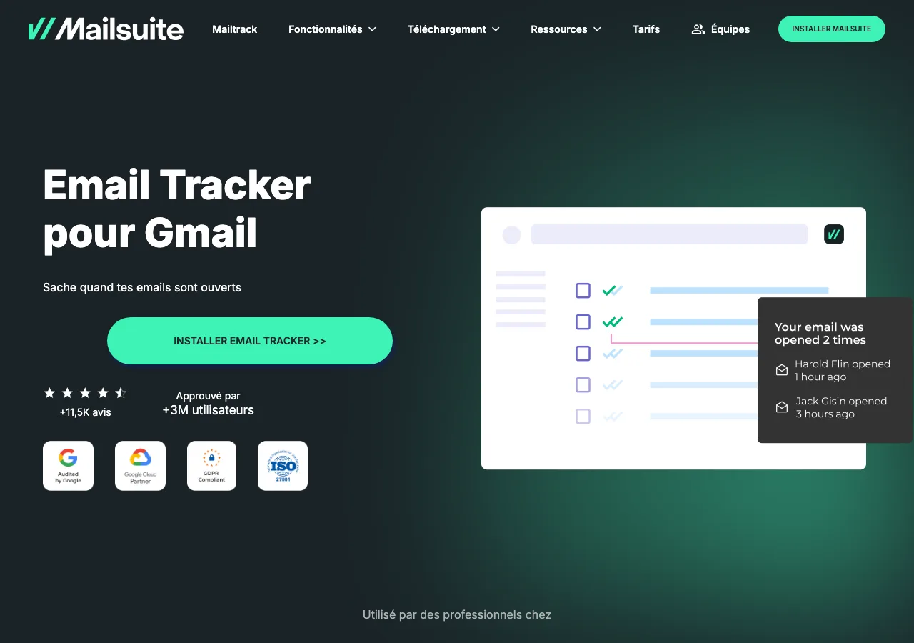 Page d'accueil de Mailsuite (ex-Mailtrack), extension d'email tracking pour Gmail