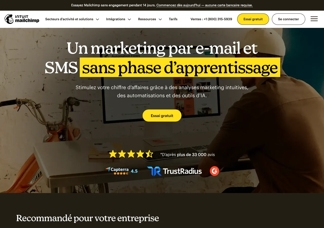Page d'accueil de Mailchimp, logiciel d'emailing et de marketing automation