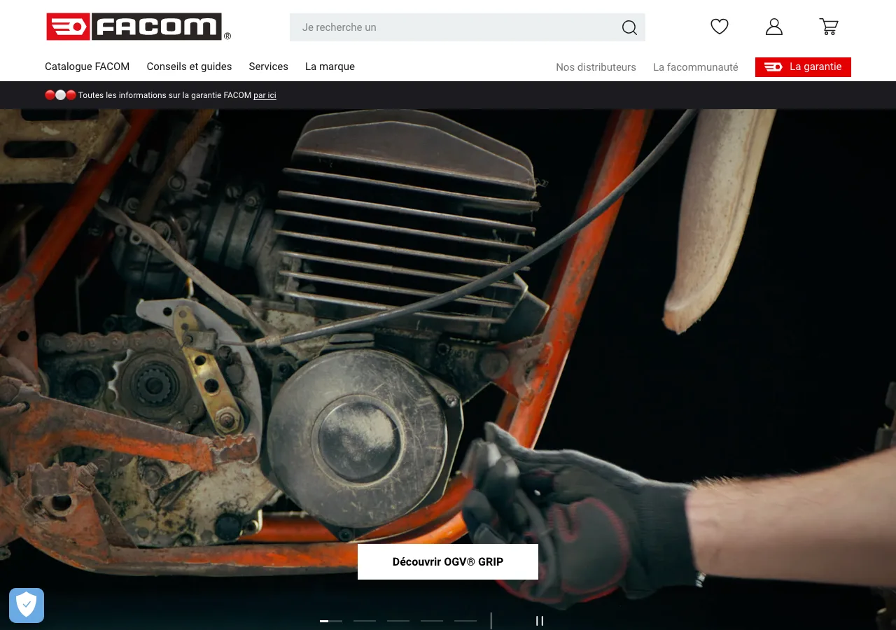 Page d'accueil de la boutique en ligne Facom : visuel immersif en gros plan sur un outil en action