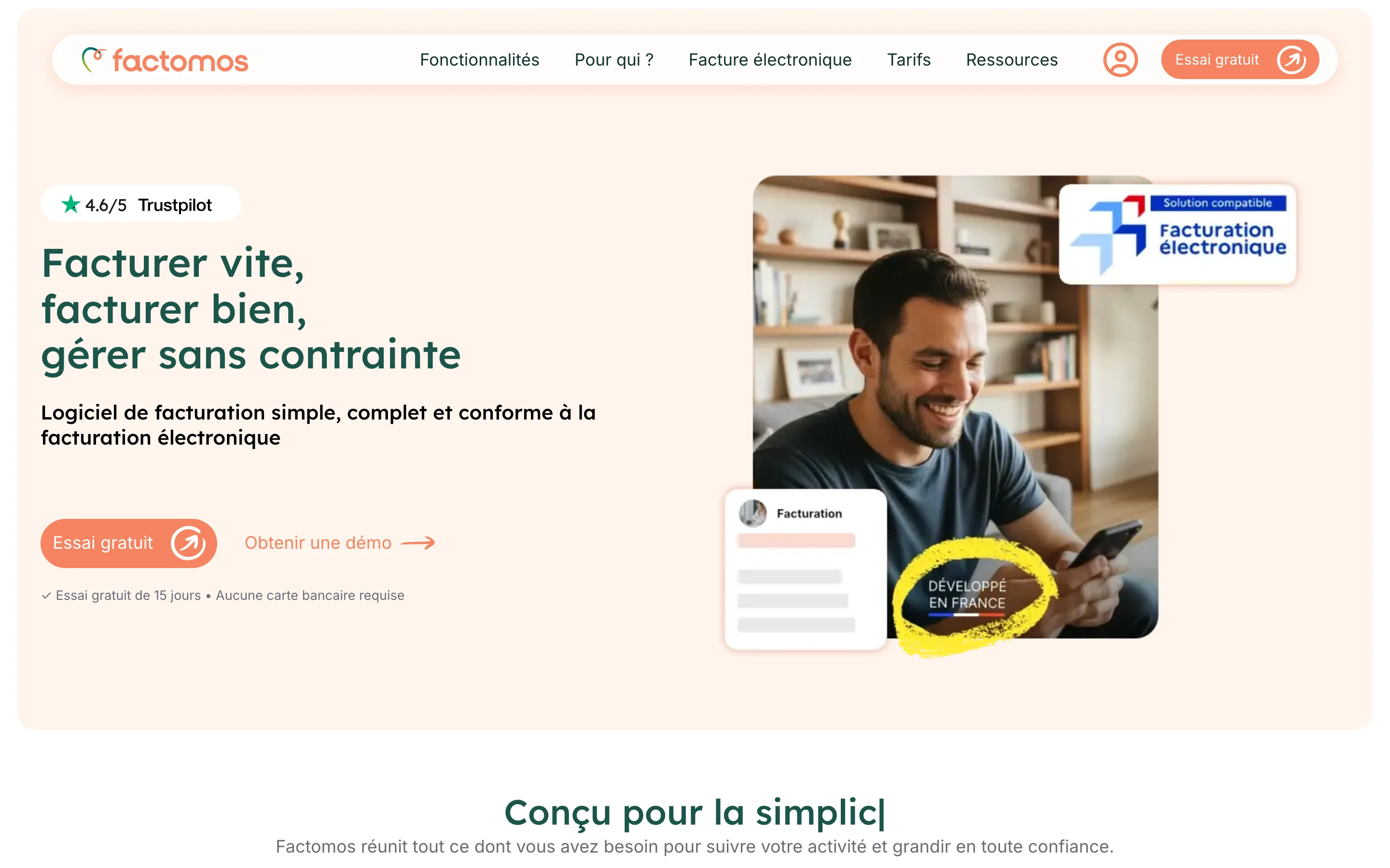 Page d'accueil de Factomos, logiciel de facturation en ligne conforme à la facturation électronique, relevée en juillet 2026