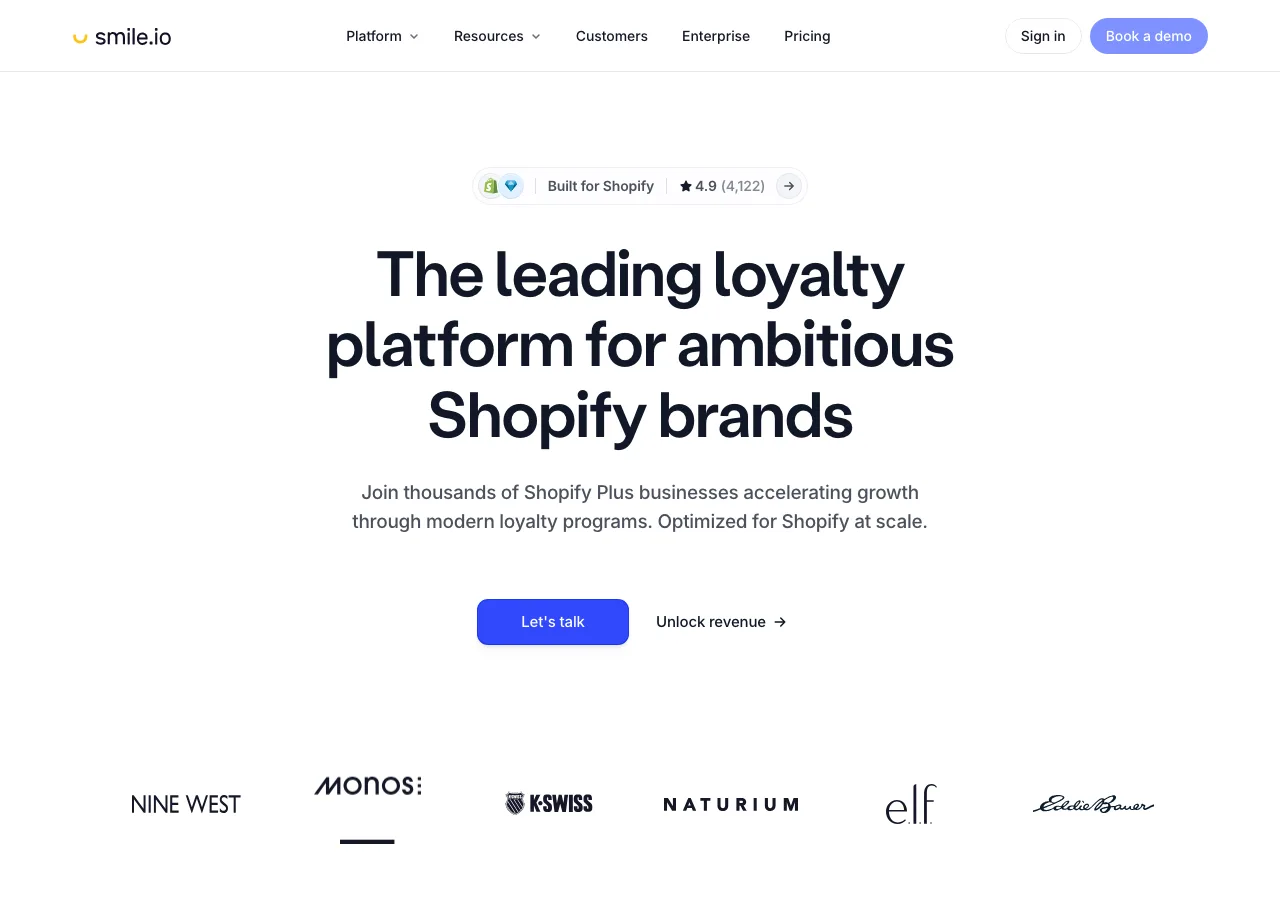 Page d'accueil de Smile.io, plateforme de programmes de fidélité pour Shopify