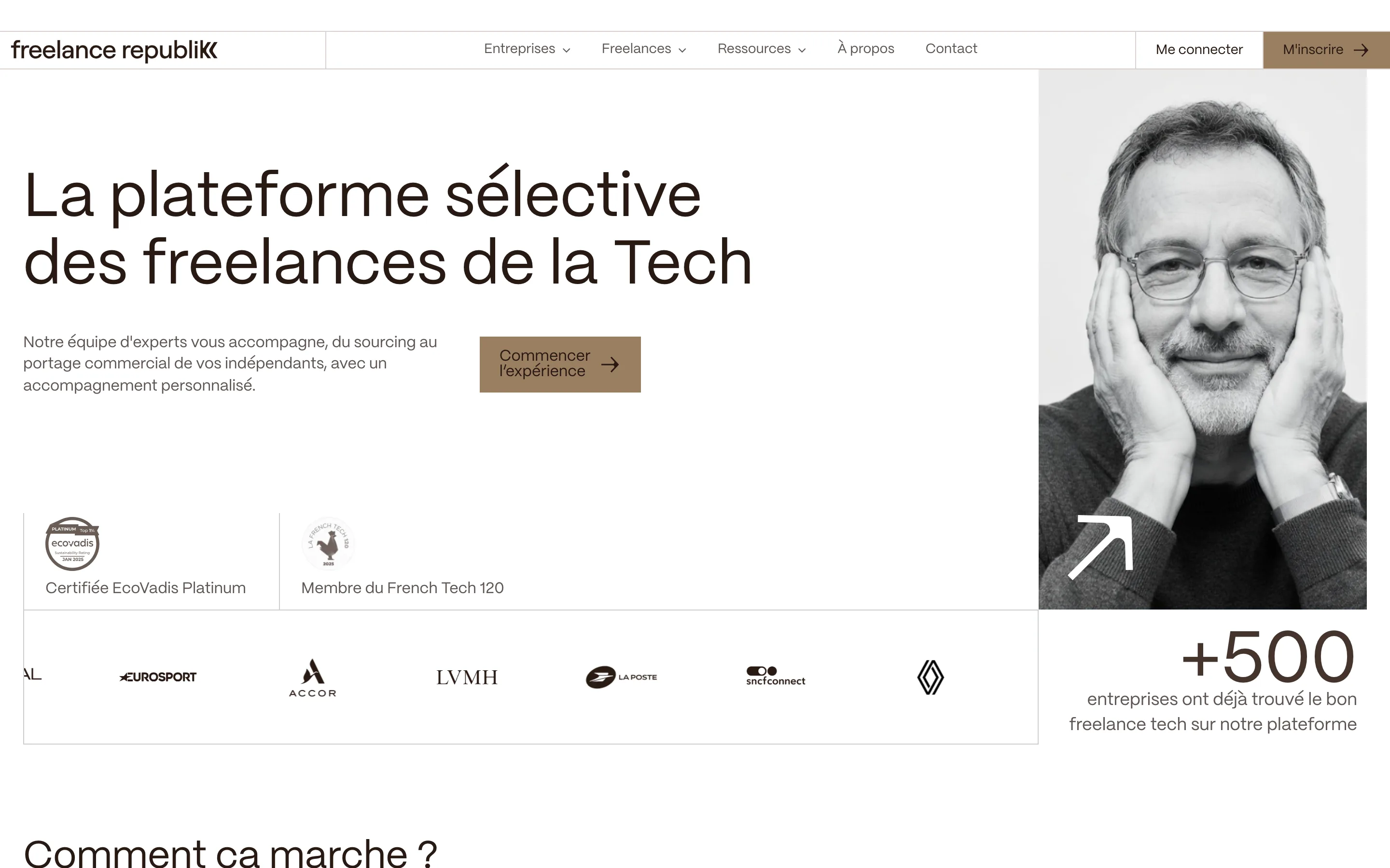 Page d'accueil de FreelanceRepublik, plateforme de missions pour freelances de la tech, relevée en juillet 2026
