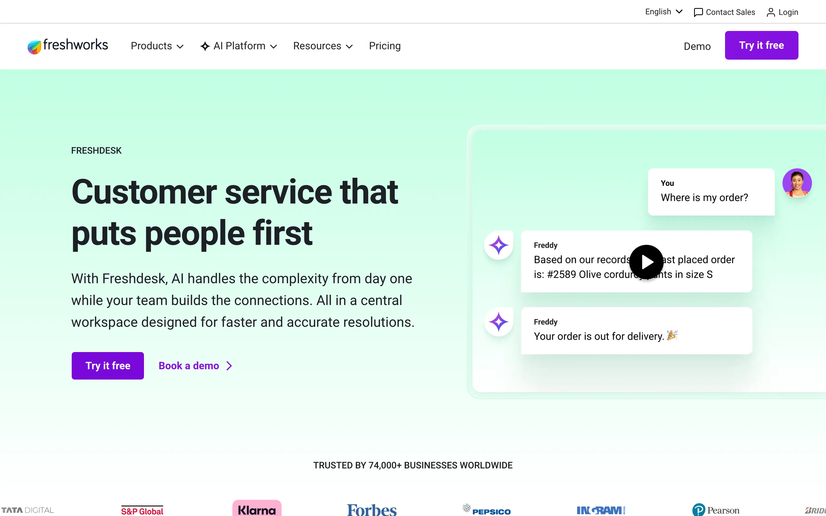 Page de présentation de Freshdesk, logiciel de service client, relevée en juillet 2026