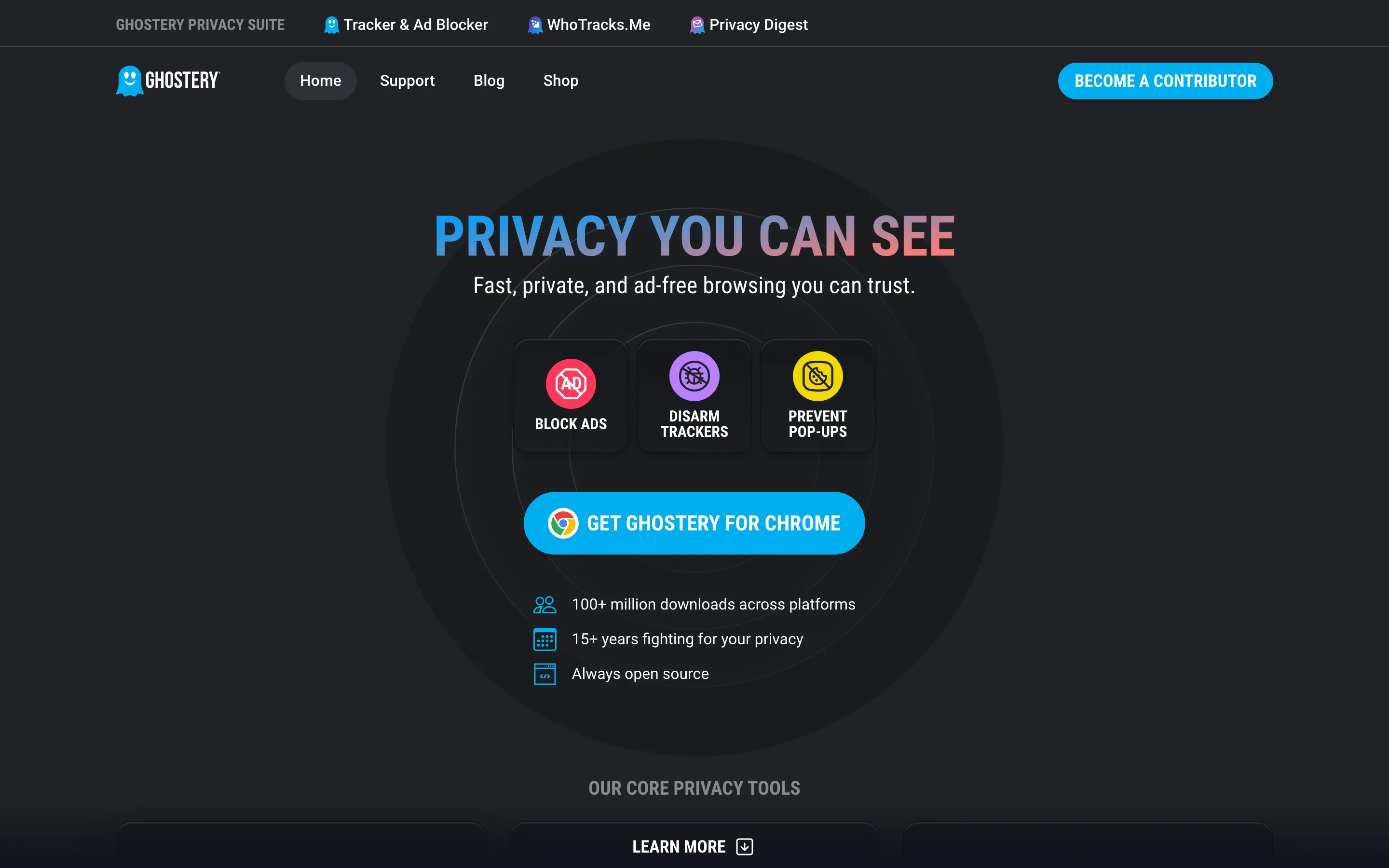 Page d'accueil de Ghostery annonçant le blocage des publicités, des traqueurs et des popups, open source