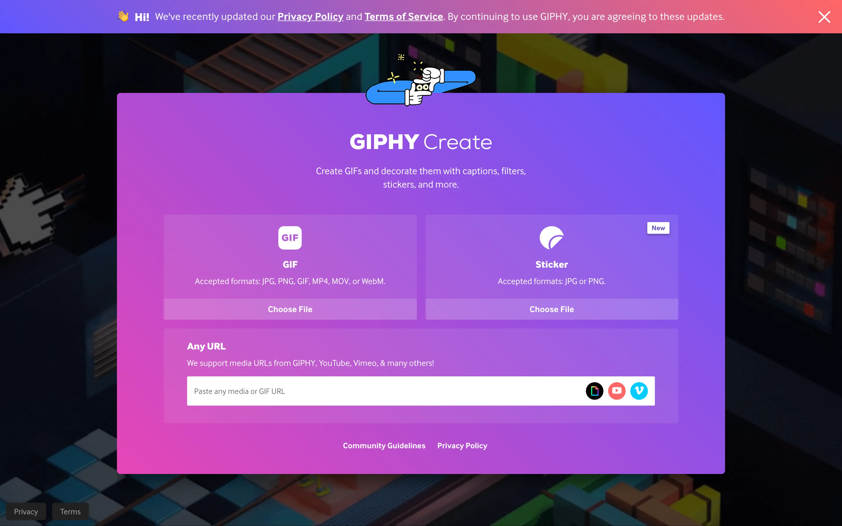 Outil de création GIPHY Create avec import de fichier ou d'URL