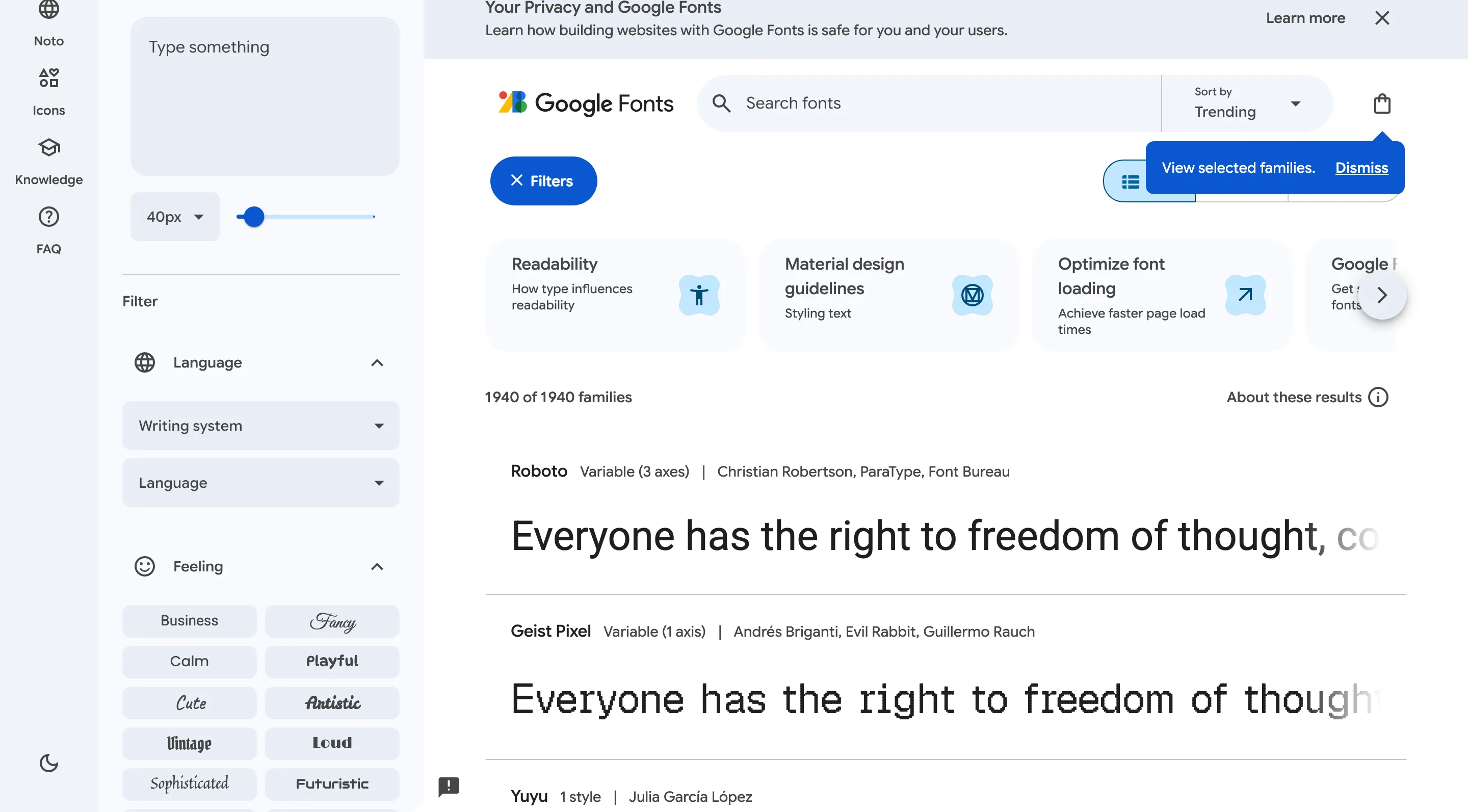 Interface de Google Fonts avec ses familles de polices open source