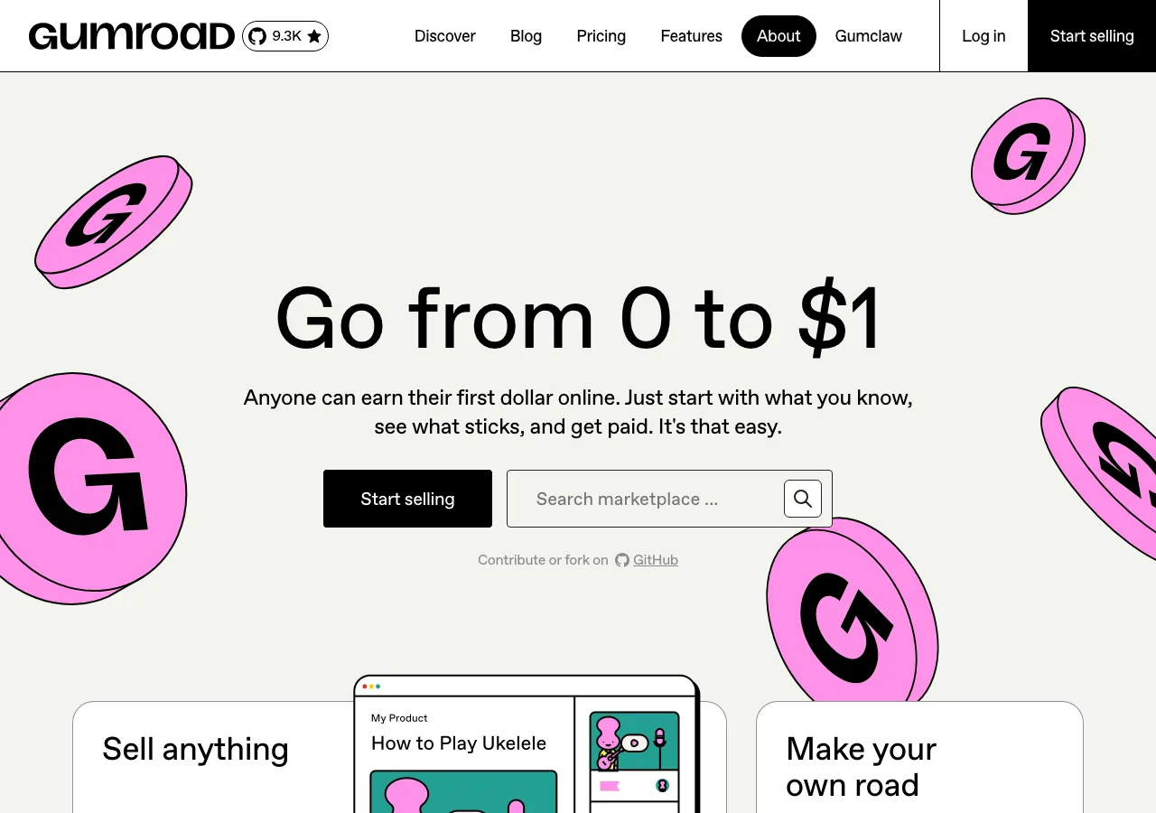 Page d'accueil de Gumroad, plateforme de vente de produits digitaux sans abonnement