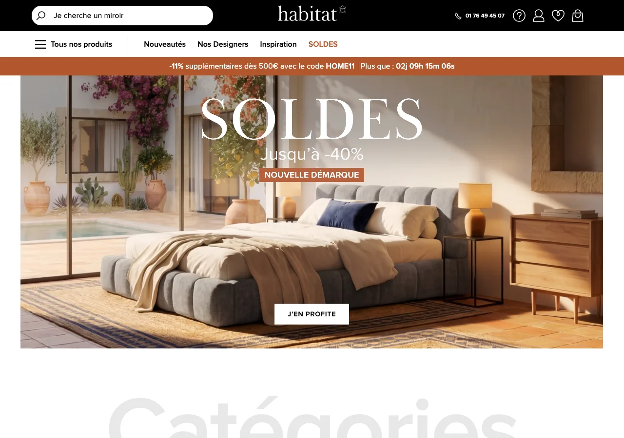 Page d'accueil de la boutique en ligne Habitat : grand visuel d'ambiance chambre aux tons chauds