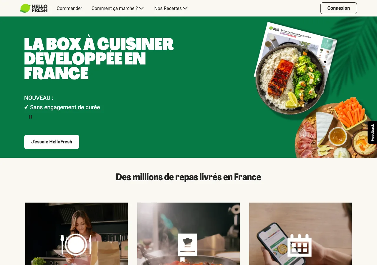 Page d'accueil de la boutique en ligne HelloFresh : promesse claire de box à cuisiner et visuels de plats colorés