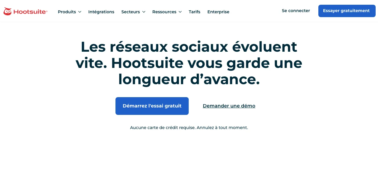 Page d'accueil de Hootsuite, plateforme de gestion des réseaux sociaux